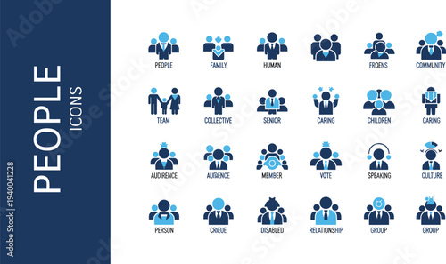 People and Community Vector Icon Set Featuring Family, Friends, Team, Audience, Relationship, Culture, Group, and Social Interaction