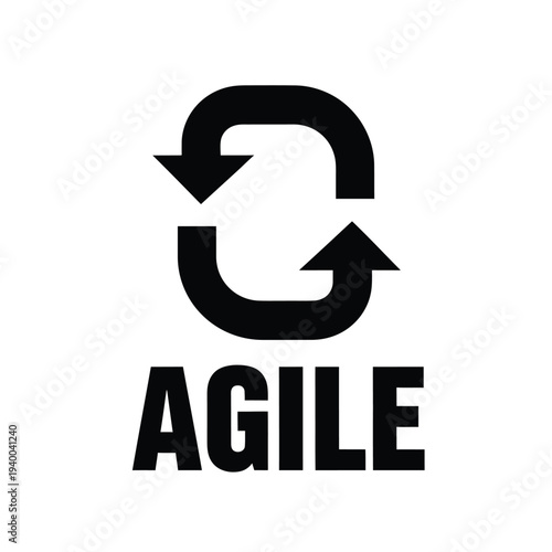 A stark black and white image displays a circular arrow symbol above the bold text agile representing iterative processes high quality professional detailed modern elegant stylish