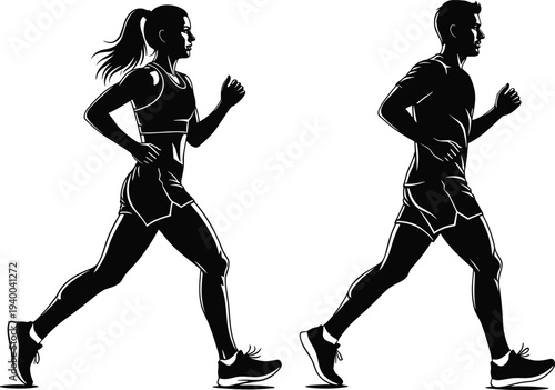 Male and female runners jogging in sportswear, fitness running workout activity silhouette set isolated vector illustration for healthy lifestyle