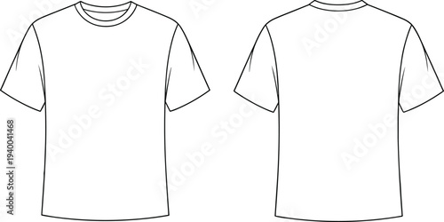 Blank white t-shirt, front view, back view, fashion CAD, garment sketch, apparel design, technical drawing, menswear basics, clothing template, textile silhouette, casual wear, crewneck tee