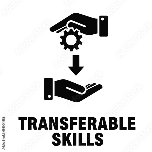 A graphic depicts a hand releasing gears into another awaiting hand symbolizing the concept of transferable skills high quality professional detailed modern elegant stylish