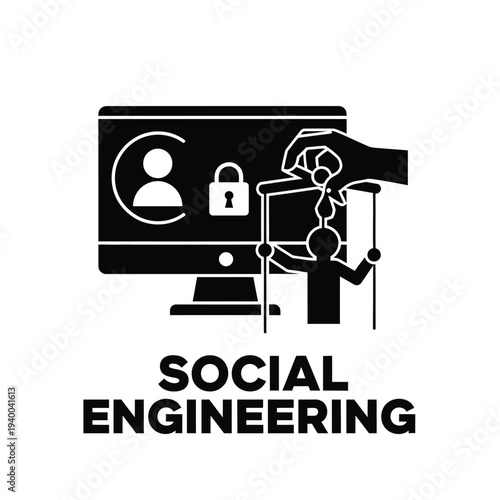 This graphic depicts social engineering showing a hand reaching for a computer screen displaying a profile and lock icon high quality professional detailed modern