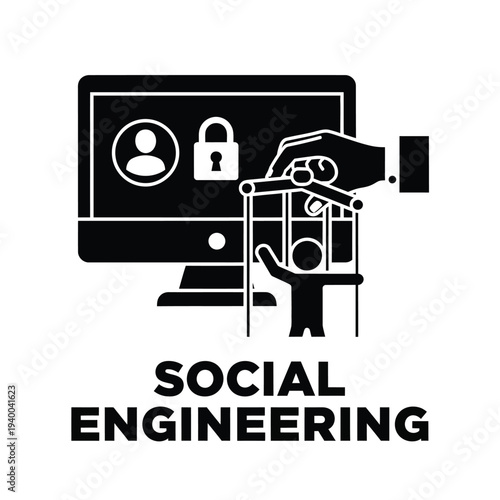 This graphic illustrates social engineering depicting a hand manipulating a person towards a computer displaying a lock and profile high quality professional detailed modern