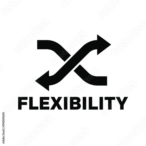 A bold graphic depicts two opposing arrows crossing symbolizing flexibility with the word flexibility underneath high quality professional detailed modern elegant stylish clean crisp