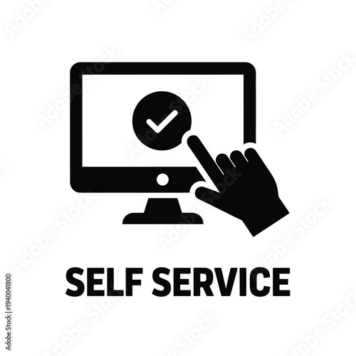A simple black glyph depicts a computer monitor with a hand pointing to a checkmark symbol representing self service high quality professional detailed modern