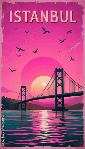 Vintage retro travel poster of the Bosphorus Bridge.4K poster.Typography ISTANBUL on top.Vector illustration. 

