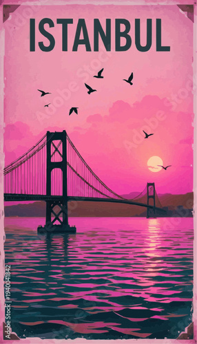 Vintage retro travel poster of the Bosphorus Bridge.4K poster.Typography ISTANBUL on top.Vector illustration. 

