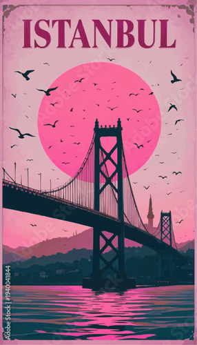 Vintage retro travel poster of the Bosphorus Bridge.4K poster.Typography ISTANBUL on top.Vector illustration. 


