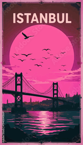 Vintage retro travel poster of the Bosphorus Bridge.4K poster.Typography ISTANBUL on top.Vector illustration. 

