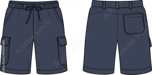 Cargo shorts, navy blue, front view, back view, drawstring waistband, belt loops, flap pockets, fashion CAD, garment sketch, apparel design, technical drawing, menswear basics, stitching detai
