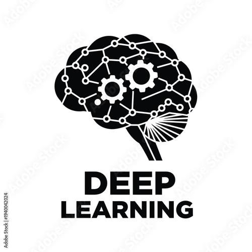A stylized black silhouette of a human brain is depicted with interconnected nodes gears and lines alongside the text deep learning high quality professional