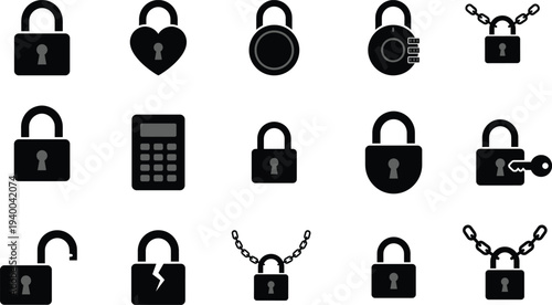 Collection of fifteen padlock silhouettes including traditional, heart-shaped, combination, broken, chained, and digital locks, vector illustration design for security, safety, privacy, protection,