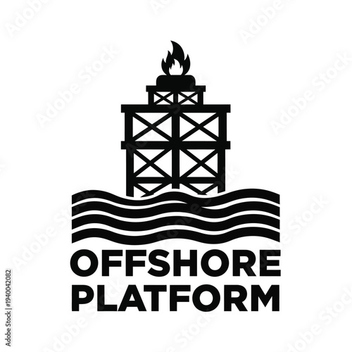 A stark black and white image depicts an offshore oil platform with a lit torch above wavy lines and text high quality professional detailed modern elegant
