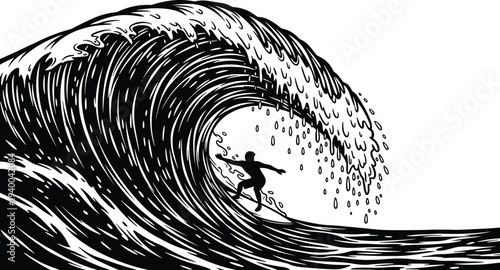 Surfer riding giant ocean wave silhouette illustration, extreme surfing sport, powerful sea water motion, adventure surf lifestyle graphic design