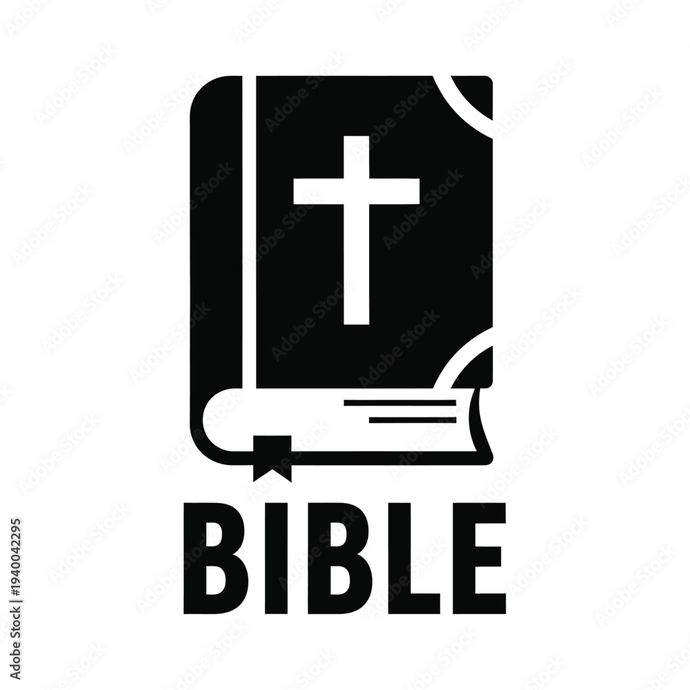 Obraz premium A black silhouette of an open bible with a cross symbol on the cover accompanied by the word bible below high quality professional detailed