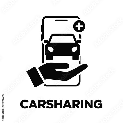 A black and white illustration depicts a hand holding a smartphone displaying a car with a plus sign above it symbolizing carsharing high quality professional detailed