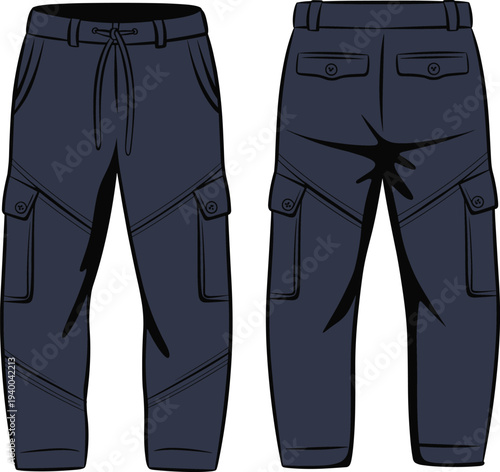 Dark cargo pants, tapered leg, drawstring waist, flap pockets, back view, front view, seam detail, utility 