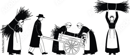 Traditional rural farmers harvesting wheat bundles, vintage agriculture workers with cart, historical farming life illustration, countryside harvest labor concept scene