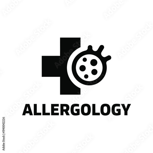 A minimalist black and white graphic features a medical cross combined with a stylized allergen symbol above the word allergy high quality professional detailed modern elegant