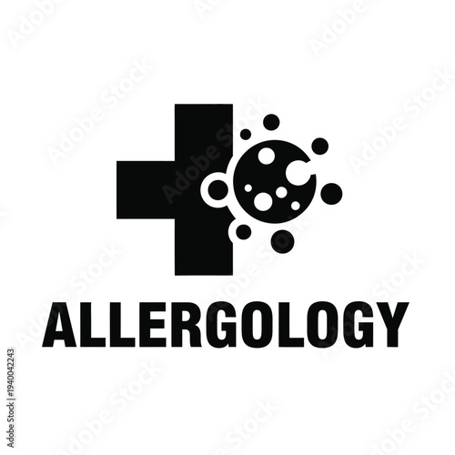 A graphic representation showcases a black medical cross alongside a cellular structure and the word allergyology below high quality professional detailed modern elegant stylish