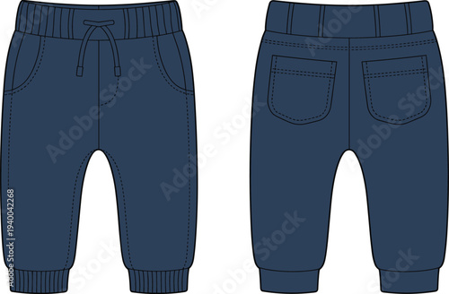 Jogger pants, elastic waistband, drawstring closure, ribbed cuffs, patch pockets, navy blue, front view, back view, fashion CAD, garment sketch, menswear illustration, apparel design