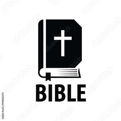 A stark black silhouette depicts an open holy book adorned with a christian cross accompanied by the word bible in bold lettering high quality