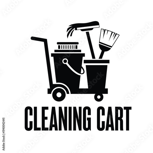 A black and white illustration depicts a fully equipped cleaning cart with a vacuum bucket mop and brush alongside the text cleaning cart high quality professional detailed