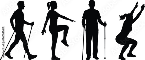 Collection of four silhouettes showing people exercising with trekking poles, balance poses, squats, and mobility assistance, vector illustration design for fitness, health, lifestyle, .