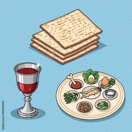 Illustration of Passover Seder plate, matzah, and kiddush cup with wine on a light blue background.