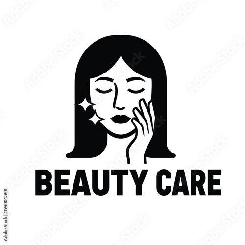 A black and white illustration depicts a woman gently touching her face alongside bold text proclaiming beauty care high quality professional detailed modern elegant stylish clean