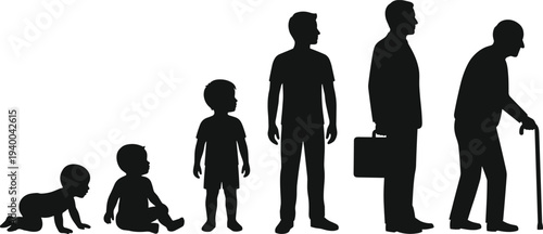 Collection of six silhouettes showing human life stages from infant to elderly, vector illustration design for aging, growth, development, family, lifestyle, health, and generational concepts.