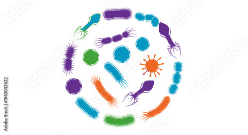 Colorful illustration of various microorganisms in a circular arrangement.