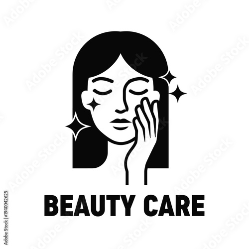 A minimalist black and white illustration depicts a woman touching her face emphasizing skincare and beauty routines high quality professional detailed modern elegant stylish