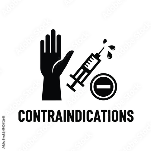 A black and white illustration depicts a hand positioned near a syringe and a prohibition symbol indicating contraindications high quality professional detailed modern elegant