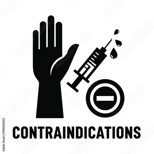 A black silhouette depicts a hand stopping a syringe with dripping liquid alongside a prohibition symbol and text high quality professional detailed modern elegant