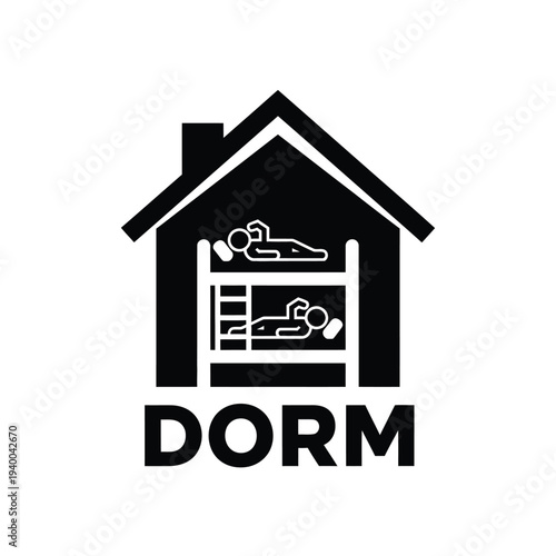 A stark black silhouette depicts a house shape containing a bunk bed with figures lounging inside labeled dorm high quality professional detailed modern elegant
