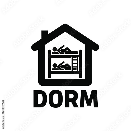 A simple black and white icon depicts a house shape containing a bunk bed and the text dorm below it high quality professional detailed