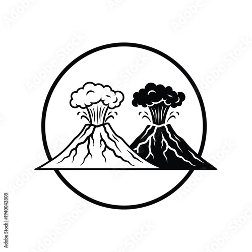 A black and white circular emblem depicts two erupting volcanoes one light and one dark symbolizing geological activity and power high quality professional detailed