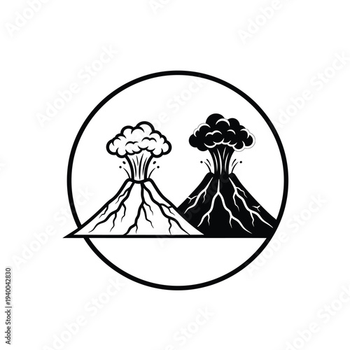 A minimalist black and white circular emblem depicts two erupting volcanoes showcasing their geological power and dynamic formations high quality professional detailed modern elegant