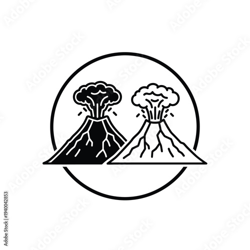 A simple black and white illustration depicts two erupting volcanoes within a circular frame symbolizing geological activity high quality professional detailed modern elegant stylish clean crisp