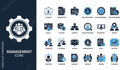 Business Management and Leadership Vector Icon Set Featuring Strategy, Planning, Teamwork, Communication, Human Resources, Decision Making, and Organization