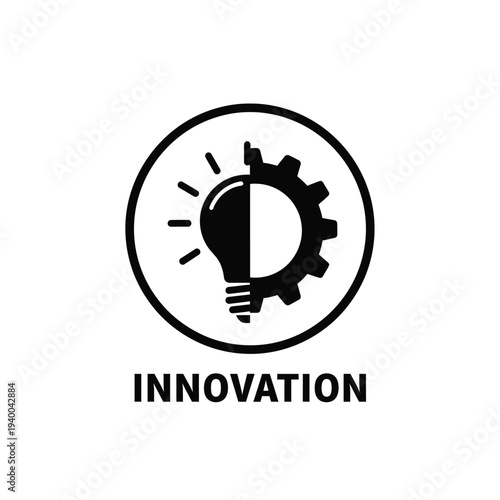 A black and white circular icon depicts a lightbulb merging with a gear representing innovation and creative problem solving high quality professional detailed modern elegant