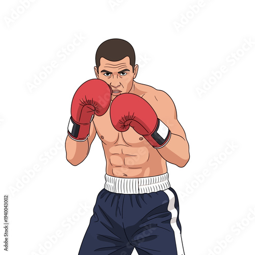 Illustration of a muscular boxer wearing red boxing gloves and blue shorts with white stripes, standing in a fighting stance against a plain white background.