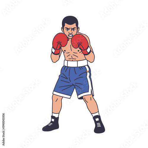 Illustration of a boxer in a fighting stance wearing blue shorts and red boxing gloves on a white background with a bold and competitive mood.