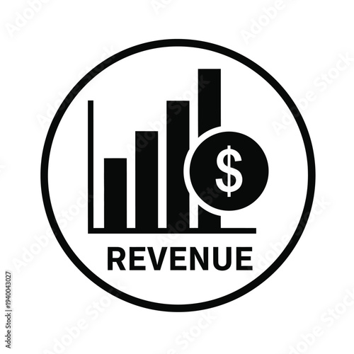 A black and white circular icon depicts a bar graph increasing with a dollar sign symbolizing financial growth and revenue high quality professional detailed