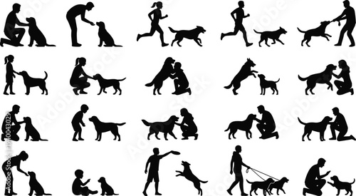 Collection of twenty silhouettes showing people interacting with dogs including walking, playing, training, petting, and companionship, vector illustration design for pets, animals, friendship, 