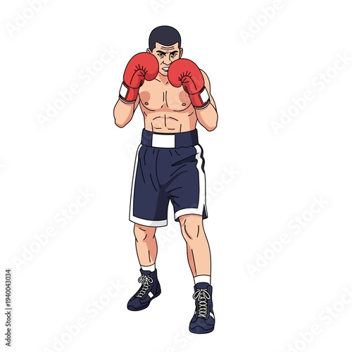 A muscular cartoon boxer wearing red boxing gloves and blue shorts with white trim stands in a fighting stance against a plain white background.