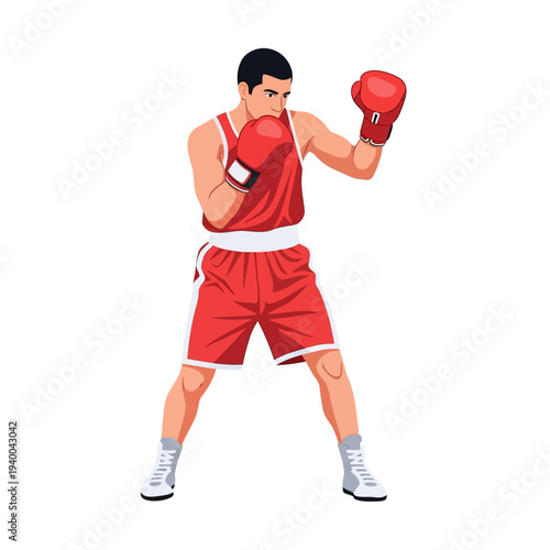 Illustration of a boxer wearing red gloves and attire, throwing a punch against a plain white background with a focused stance.