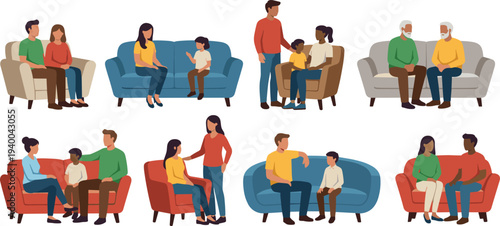 Family members talking while sitting on sofa, parents children and couples conversation, home meeting discussion concept, flat people character vector illustration
