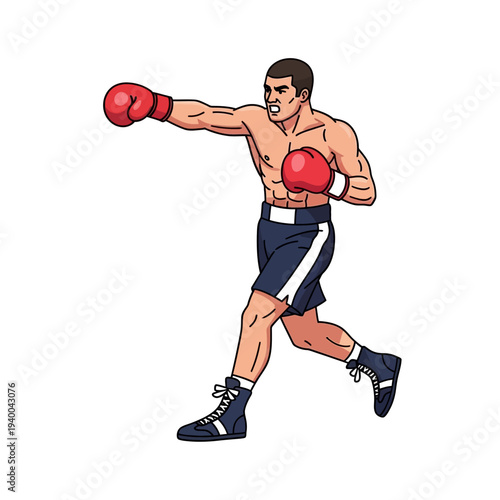 A muscular boxer wearing red gloves and blue shorts with white stripes throws a punch in a dynamic boxing stance against a clean white background.